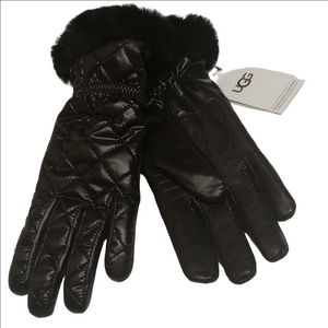 🆕 UGG BLACK LEATHER SHEARLING TRIM QUILTED PUFFER WOMEN'S GLOVES
